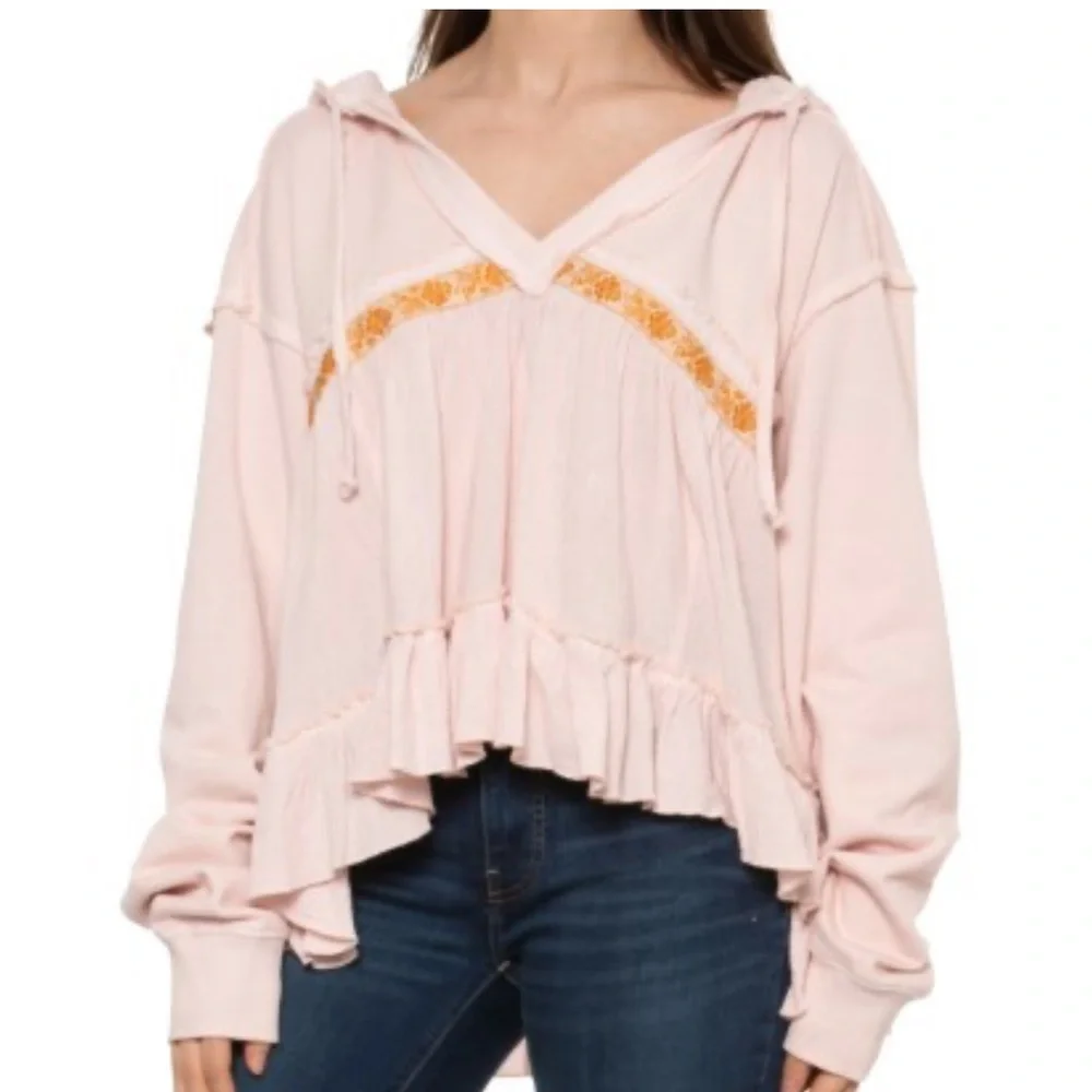 Free People Harry Sweater Dusty Pink Hooded Ruffle Pullover